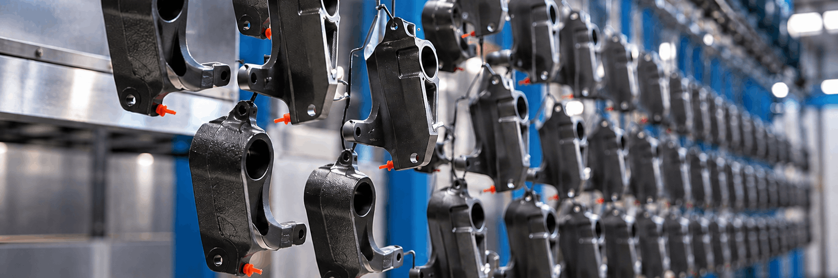 Automotive components hanging on a conveyor line for surface finishing
